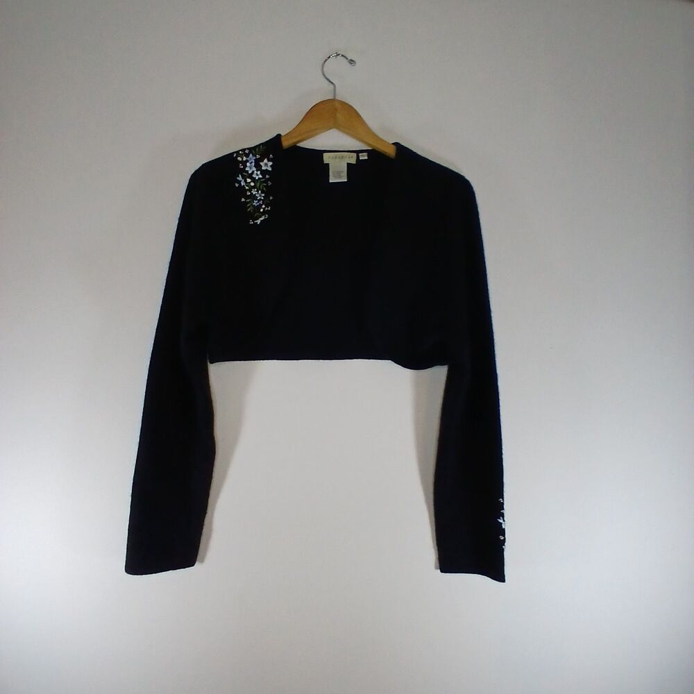 Black Embroidered Beaded Angora Sweater Top XL Soft Goth Grandmacore